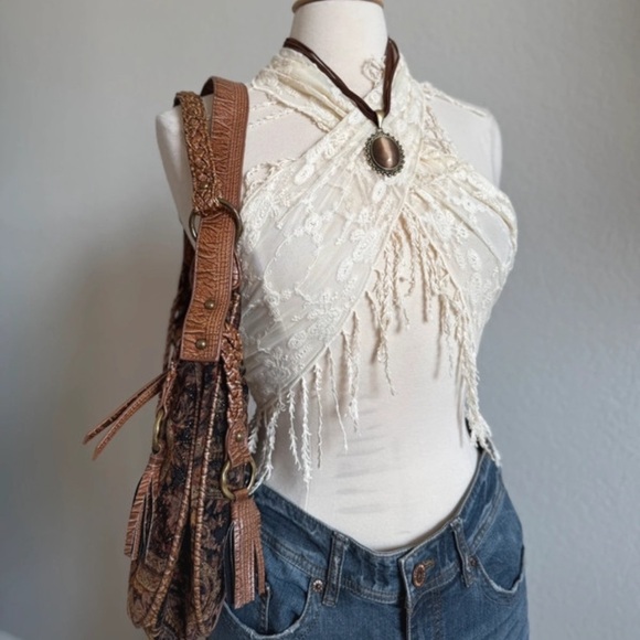 Source Unknown Accessories - Vintage embroidered fringe Cream Lace scarf